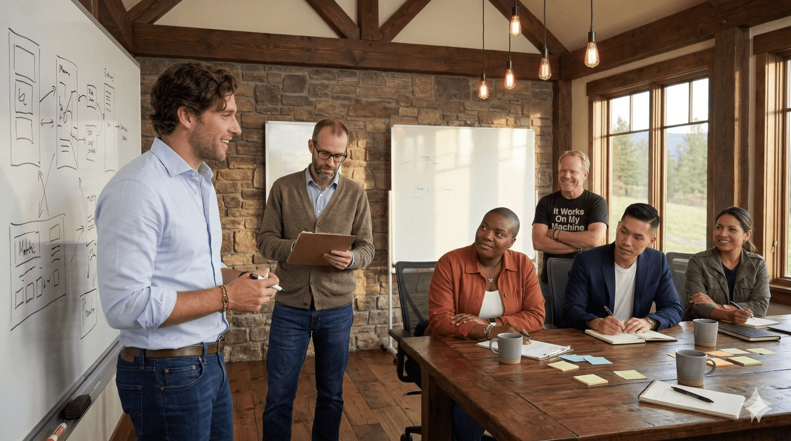Aston and Metrick at a whiteboard with the Cloud Associates   team gathered close — an intimate working moment in the   Montana farmhouse office