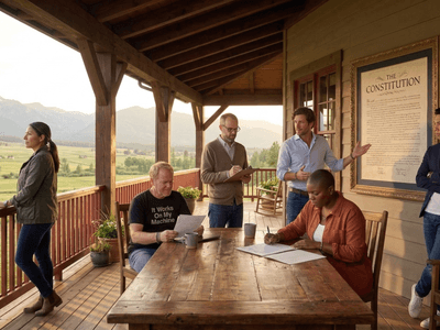The Cloud Associates team gathered on the farmhouse porch for    a formal all-hands — a framed constitution document on the   wall, golden hour light, Montana valley beyond
