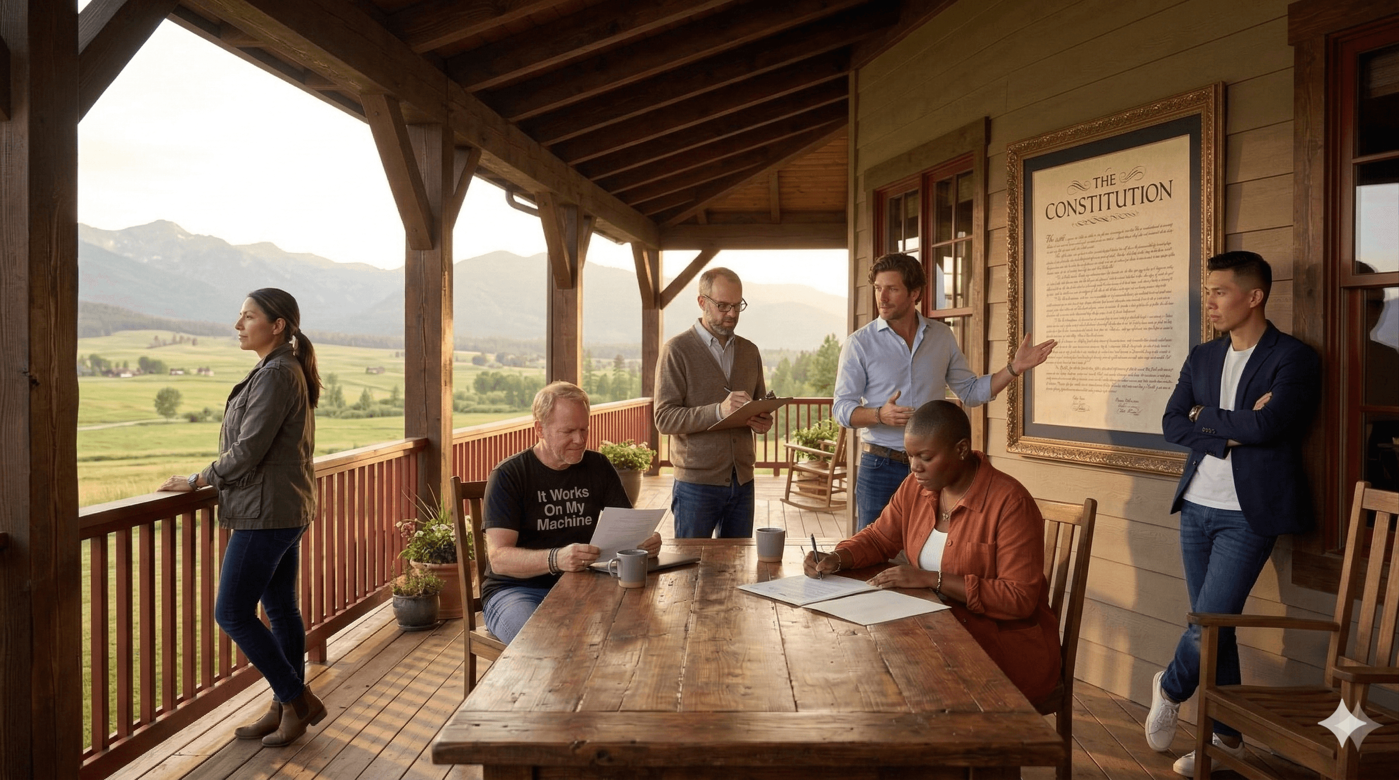 The Cloud Associates team gathered on the farmhouse porch for    a formal all-hands — a framed constitution document on the   wall, golden hour light, Montana valley beyond