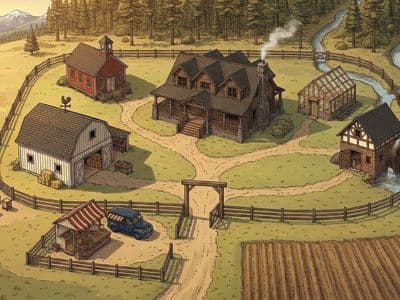 Full Yellowstone farm compound viewed from the south — all buildings visible inside the fence, market stall outside, mountains in background