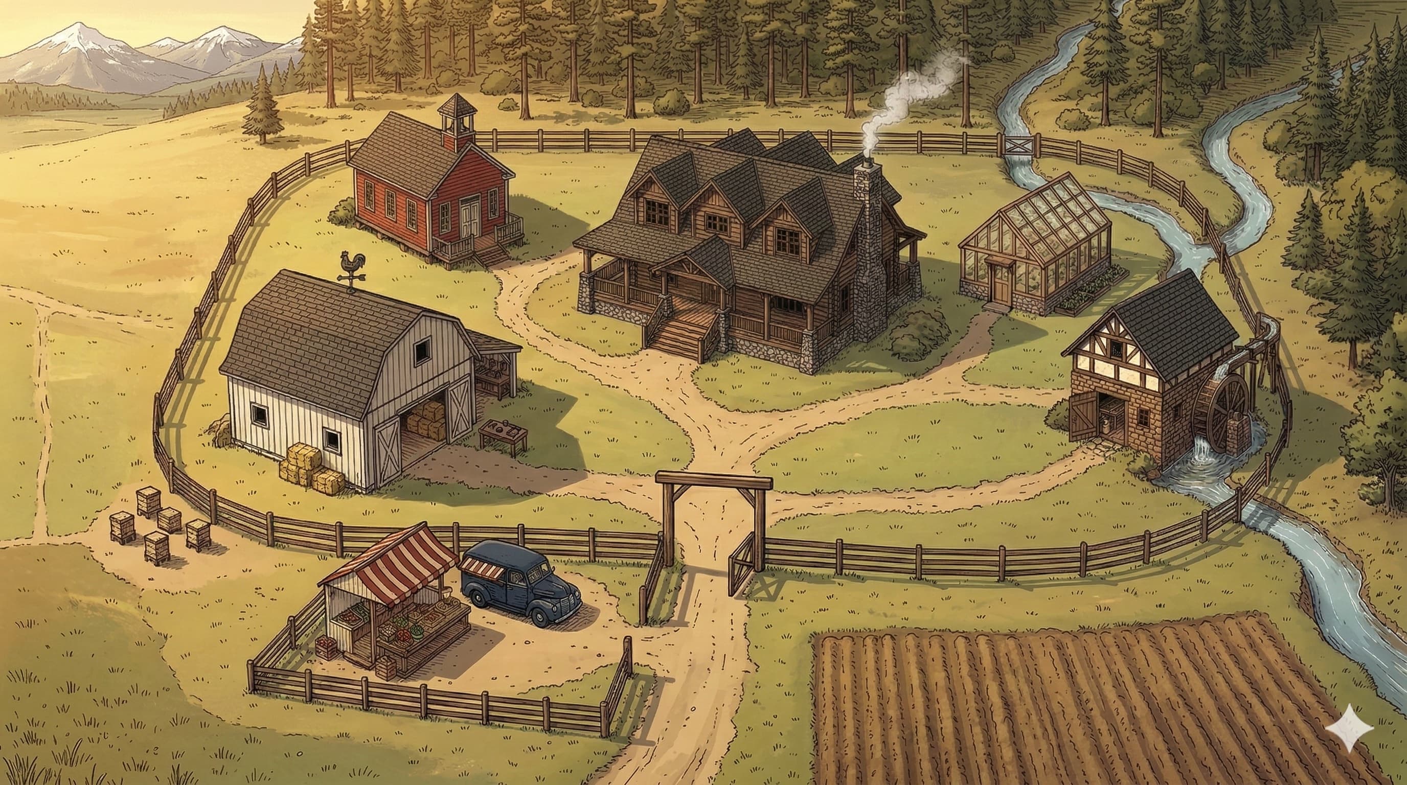 Full Yellowstone farm compound viewed from the south — all buildings visible inside the fence, market stall outside, mountains in background