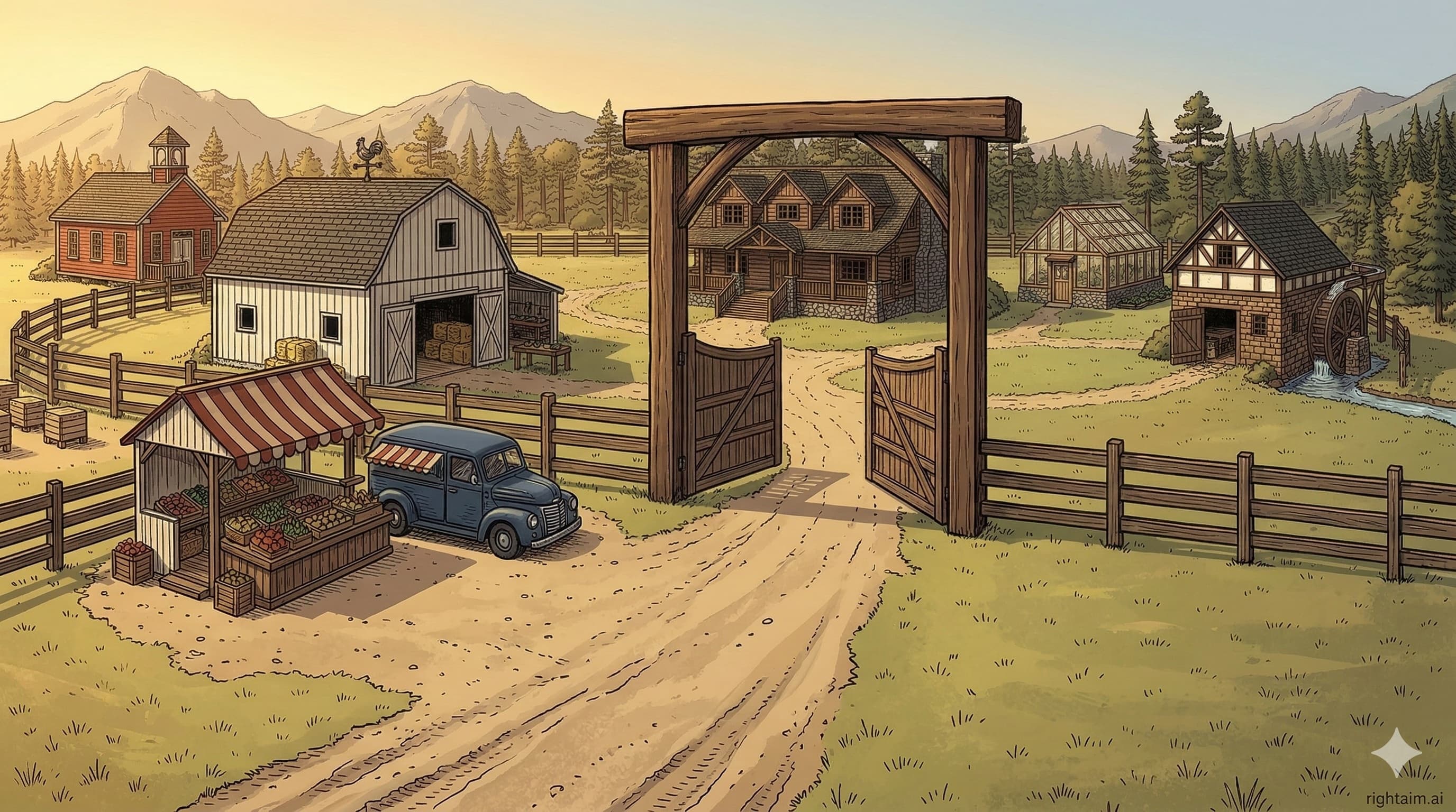 Yellowstone compound main gate and fence line — timber gate open, market stall on open gravel outside, barn and farmhouse visible through the gate
