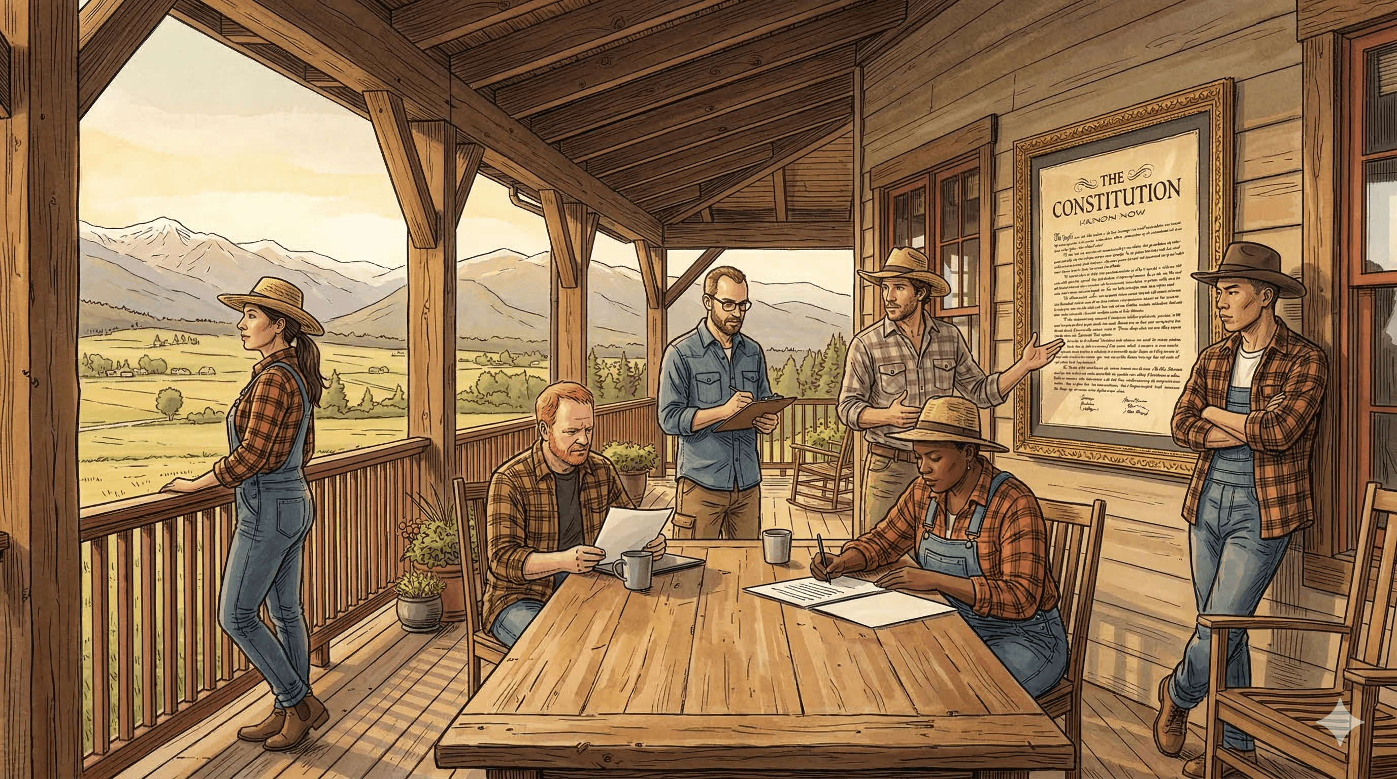 Six farm hands gathered on the farmhouse porch at morning standup, pen-and-ink illustration with watercolor washes in the Yellowstone series style