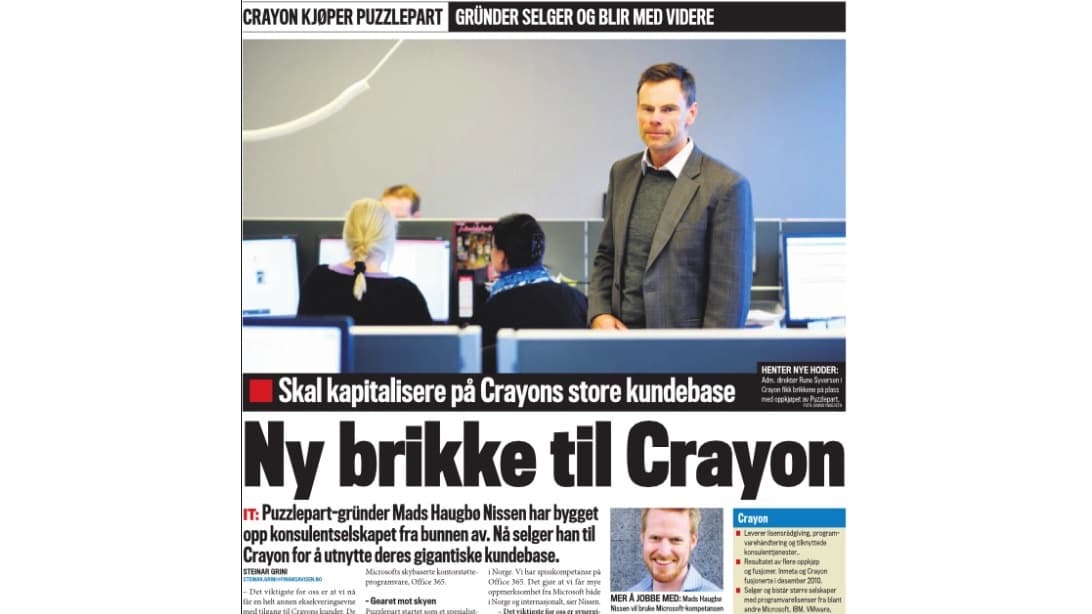 Finansavisen newspaper front page — Crayon acquires Puzzlepart, featuring founder Rune Syversen and Puzzlepart founder Mads Nissen
