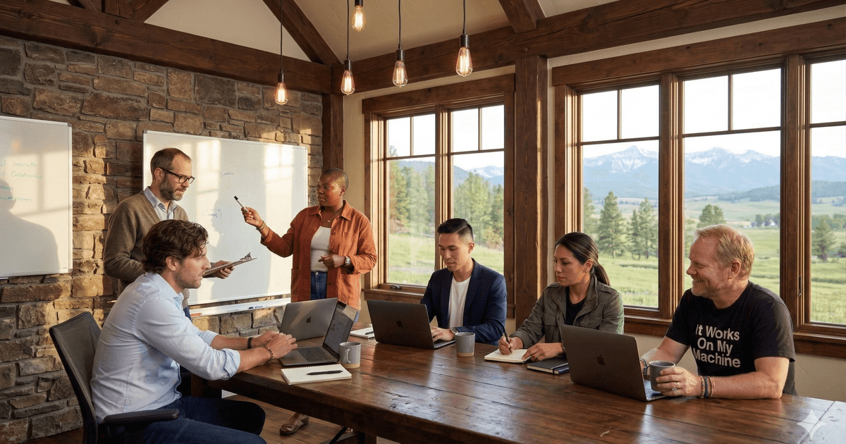 The Cloud Associates team in a farmhouse office whiteboard    session — Metrick and Leah presenting while Rex, Mira, and   Bob work at the table, Montana valley visible through windows