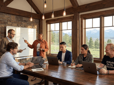 The Cloud Associates team in a farmhouse office whiteboard    session — Metrick and Leah presenting while Rex, Mira, and   Bob work at the table, Montana valley visible through windows