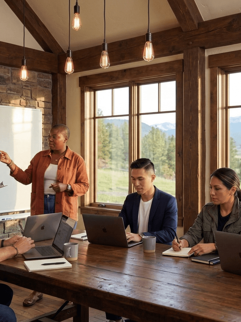 The Cloud Associates team in a farmhouse office whiteboard    session — Metrick and Leah presenting while Rex, Mira, and   Bob work at the table, Montana valley visible through windows