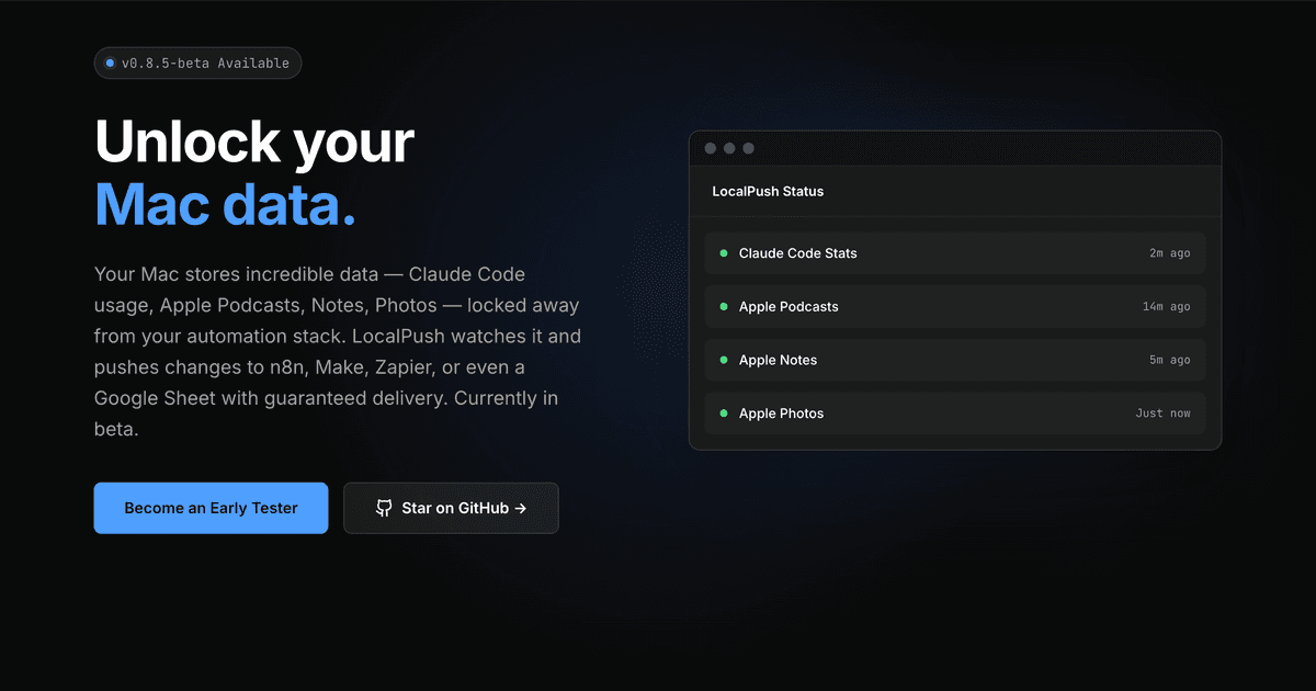 LocalPush landing page with Mac data status widget
