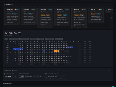 PreLoadedYear dashboard with holiday cards and year calendar