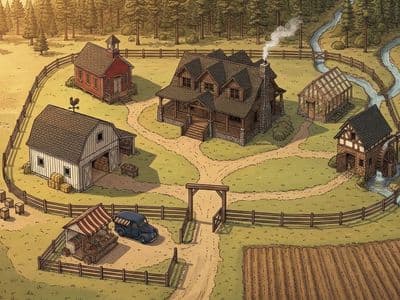 Bird's-eye illustrated view of the Yellowstone farm compound at golden hour