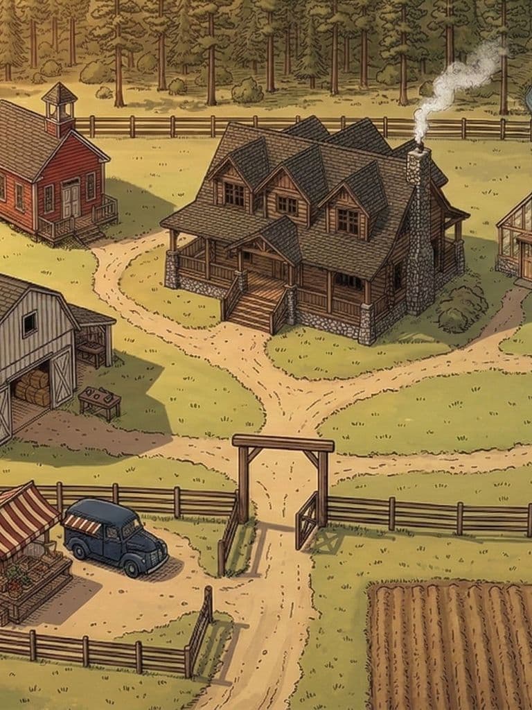 Bird's-eye illustrated view of the Yellowstone farm compound at golden hour
